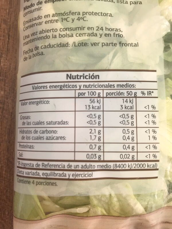 ¿Cuál es la tabla nutricional de la Ensalada?