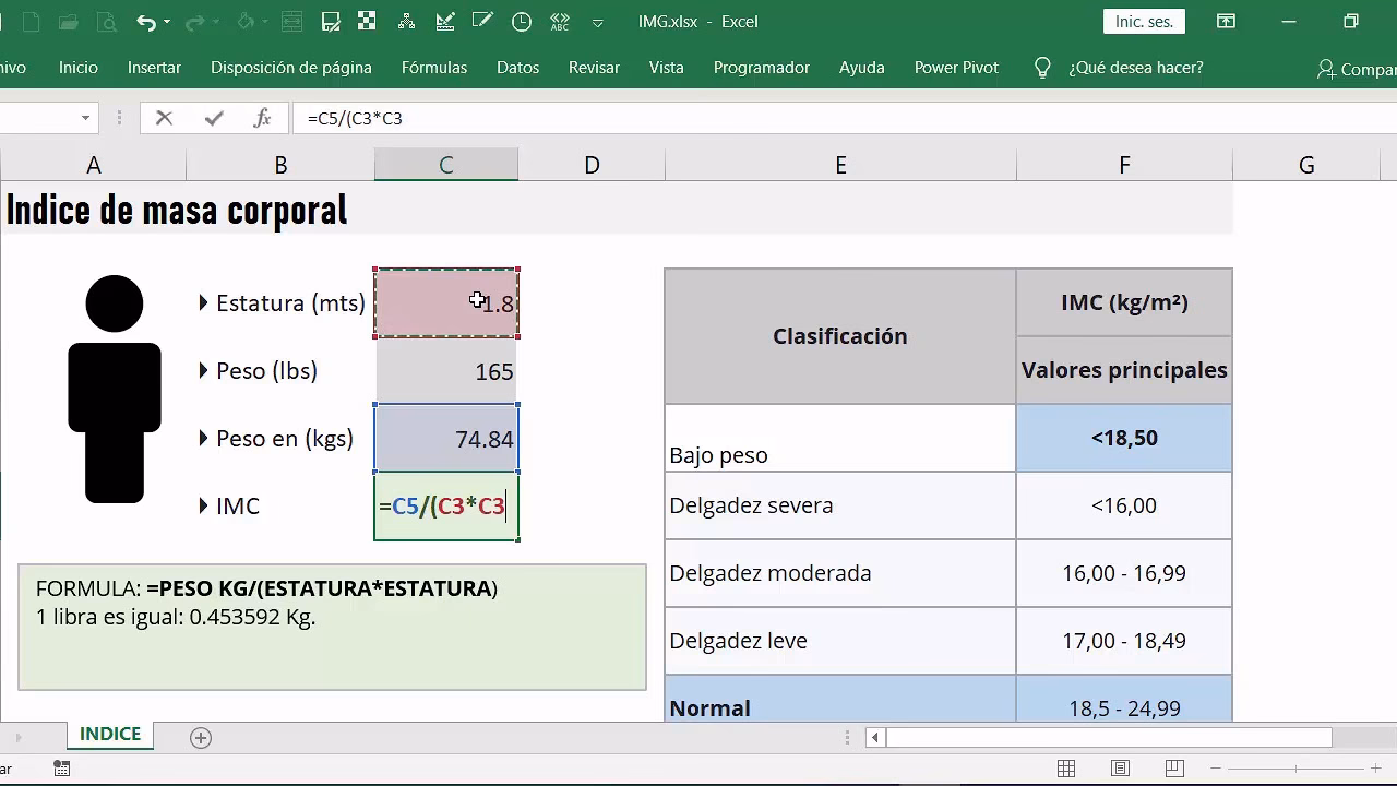 ¿Cómo se calcula el IMC en Excel?