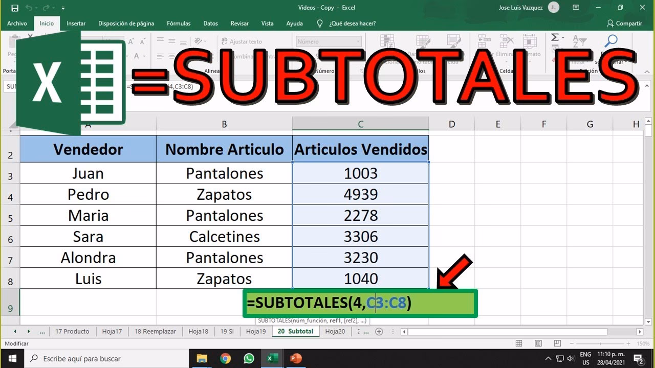 ¿Cuál es la fórmula de subtotal en Excel?
