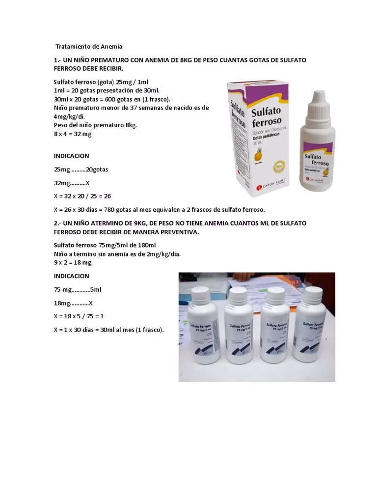 ¿Cuál es la dosis de sulfato ferroso en gotas para niños?